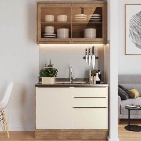 Cozinha Modulada Viena 2 Peças com 1 Armário Aéreo Vidros Reflecta 1 Balcão 120cm Bege/Louro Freijó/