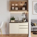 Ver imagem 1 de Cozinha Modulada Viena 2 Peças com 1 Armário Aéreo Vidros Reflecta 1 Balcão 120cm Bege/Louro Freijó/