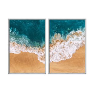 Kit 2 Quadros Decorativos 60x80cm Vidro Praia Vista Aerea Mar e Areia Flnt048