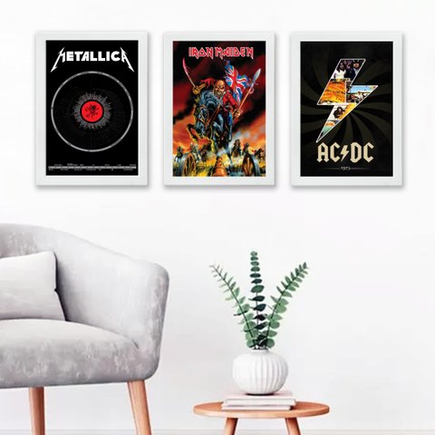 Kit 3 Quadros Bandas de Rock metal 45x34cm:madeira Branca