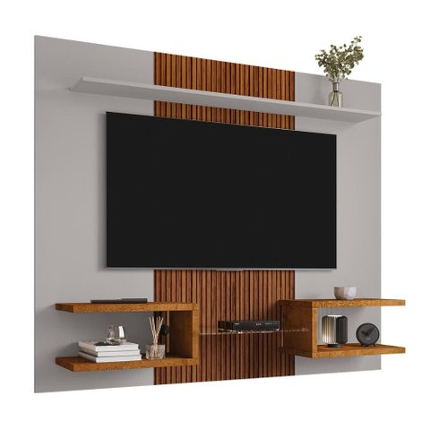 Painel Atlas Sala Tv até 55 Polegadas Off White/naturalle/ripado