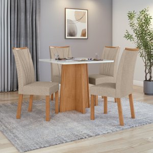 Conjunto Mesa de Jantar Celebrare 1,20 com Vidro e 4 Cadeiras Apogeu Tecido Linho Rinzai Bege