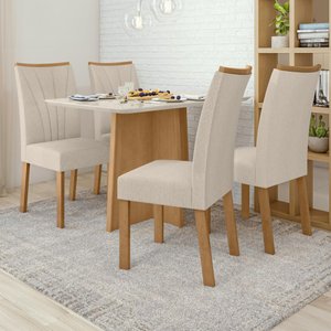 Conjunto Mesa de Jantar Celebrare 1,20 com Vidro e 4 Cadeiras Apogeu Tecido Linho Rinzai Bege