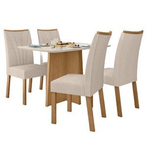 Conjunto Mesa de Jantar Celebrare 1,20 com Vidro e 4 Cadeiras Apogeu Tecido Linho Rinzai Bege