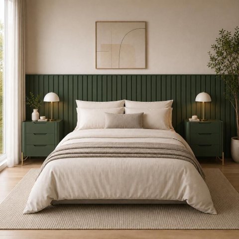 Conjunto Cabeceira Queen Linha Bend Painel Ripada Fixação na Parede MDF Musgo com Dourado Casa Lar