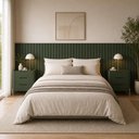 Ver imagem 1 de Conjunto Cabeceira Queen Linha Bend Painel Ripada Fixação na Parede MDF Musgo com Dourado Casa Lar
