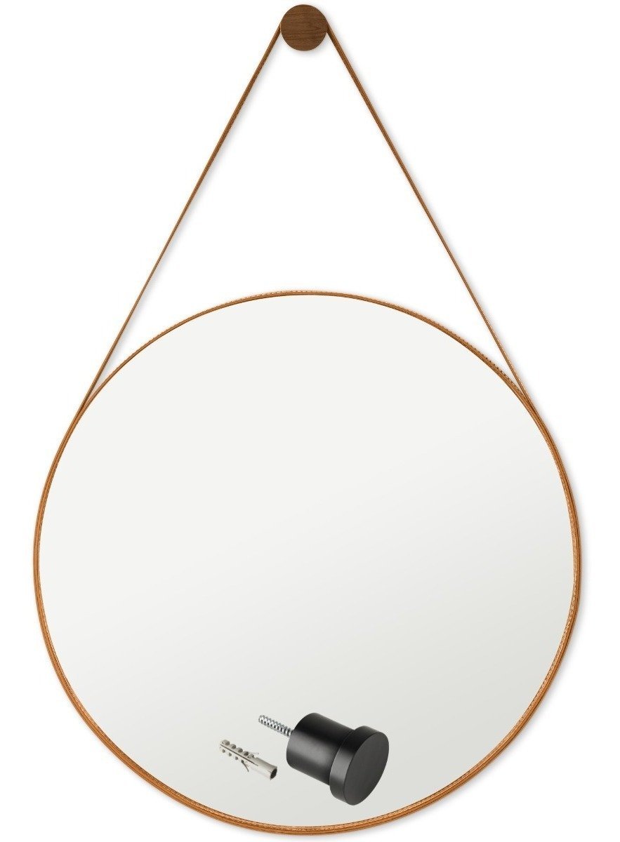 Espelho Adnet Decorativo Redondo Banheiro Antigo 60cm + Pino Suporte Alça Em Couro Caramelo