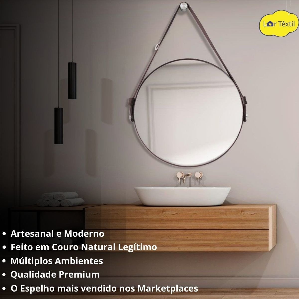 Espelho Adnet Decorativo Redondo Banheiro Antigo 60cm + Pino Suporte Alça Em Couro Caramelo - 5