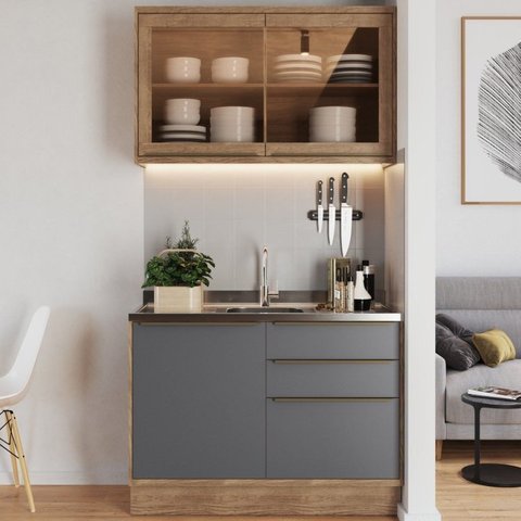 Cozinha Modulada Viena 2 Peças com 1 Armário Aéreo Vidros Reflecta 1 Balcão 120cm Cinza/Louro Freijó