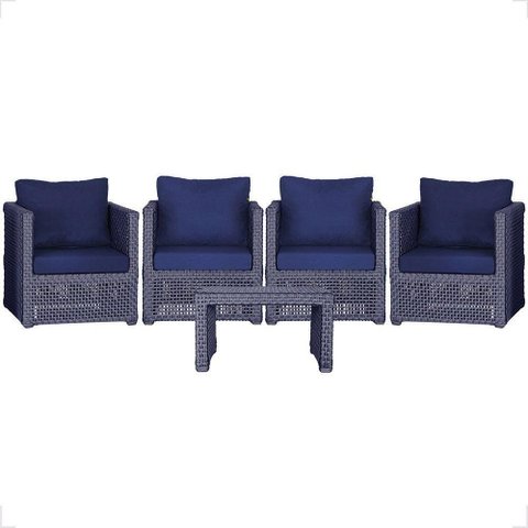 Mesa e 4 Poltronas Madri Corda Náutica Estofado 10 Trama Azul