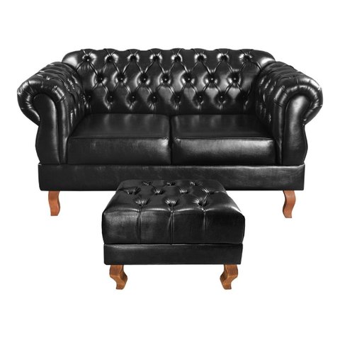 Sofá Namoradeira 2 Lugares Chesterfield Duquesa Com Puff Para Sala, Recepção - Courissimo Preto