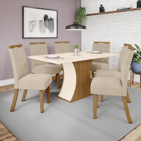Conjunto Sala de Jantar Mesa 160cm Tampo MDF Canto Reto com 6 Cadeiras Angel Espresso Móveis Bege/Nature/Off White/Linho