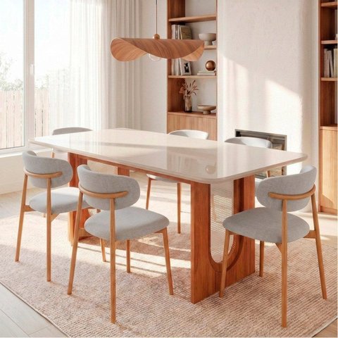 Conjunto de Jantar Mesa Tali 180cm e 6 Cadeiras Ema CabeCasa MadeiraOriginals Off White/Prata