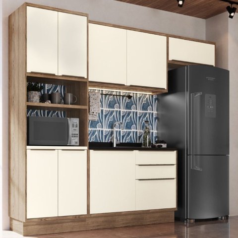 Cozinha Modulada 4 Peças 8 Portas 3 Gavetas com Divisor de Talheres 1 Nicho para Forno Viena Bege/Lo