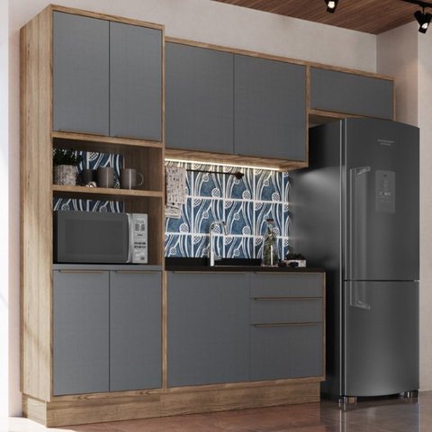 Cozinha Modulada 4 Peças 8 Portas 3 Gavetas com Divisor de Talheres 1 Nicho para Forno Viena Cinza