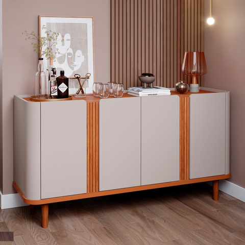 Buffet Aparador de Sala de Jantar 4 portas com pés de madeira maciça Eva