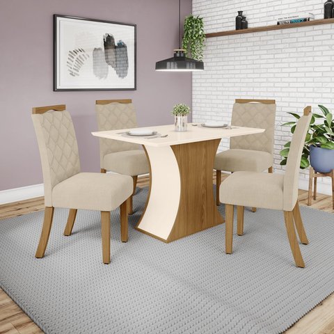Conjunto Sala de Jantar Mesa 120cm Tampo MDF Canto Reto com 4 Cadeiras Angel Espresso Móveis Bege/Nature/Off White/Linho