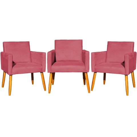 Kit 3 Poltronas Decorativa para Sala Recepção Consultório Escritório Nina Tecido Suede