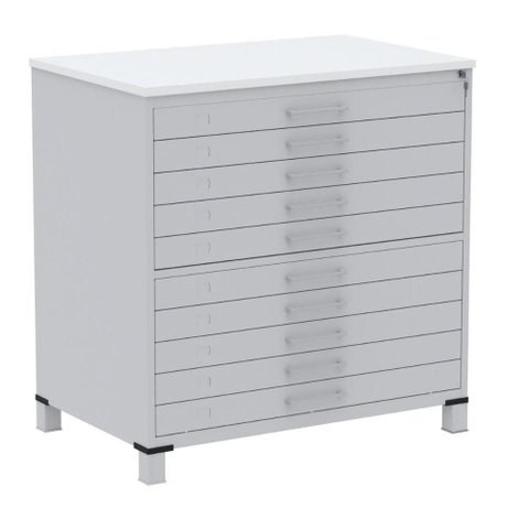 Mapoteca 10 Gavetas Pandin 120 Cm (larg) Inmetro Tampo Mdp Branco Estrutura Aço Cinza Gavetas Cinza