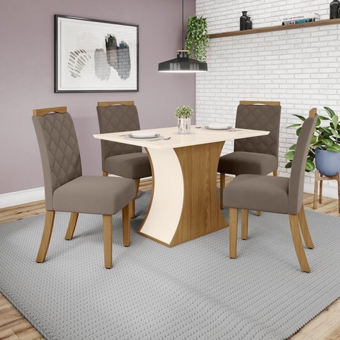 Conjunto Sala de Jantar Mesa 120cm Tampo MDF Canto Reto com 4 Cadeiras Angel Espresso Móveis Marrom/Nature/Off White/Amêndoa