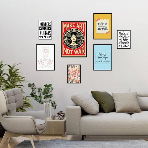 Kit 7 Quadro Decorativos Frases Motivacionais - com Vidro: Moldura Branca