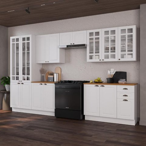 Armário de Cozinha Modulada Completa Fidelitá Nara 100% MDF 6 Peças 360cm 16 Portas 2 Gavetas com