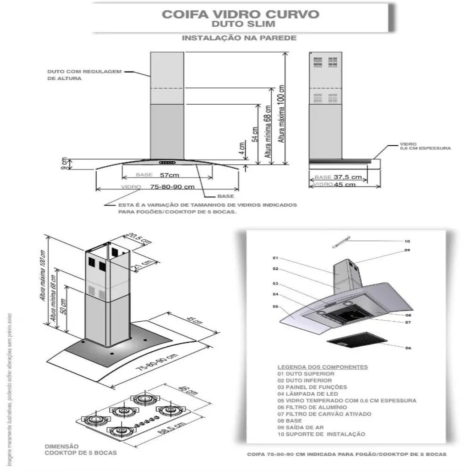 Coifa de Parede 80cm Vidro Curvo Clean 127v Fogatti Preto - 3