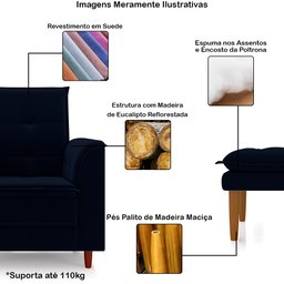 Poltrona de Amamentação Quarto Infantil com Puff Kate Pés Palito Suede Azul Marinho + Binde Amofada  - 3