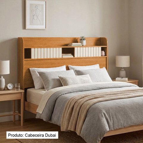 Cabeceira Dubai Casal em Madeira Maciça com Espaço Organizador Design Moderno Nature Off White
