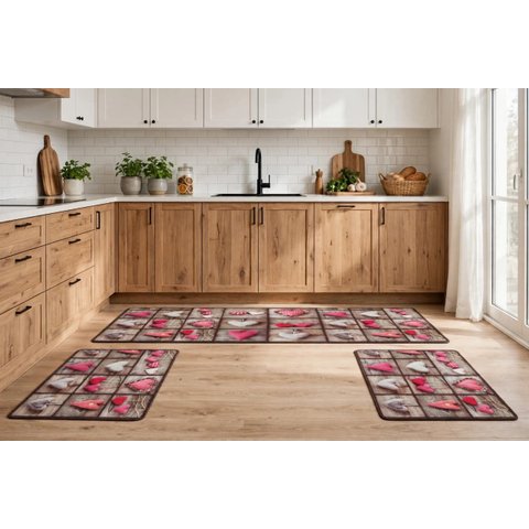Jogo de Tapetes para Cozinha com 3 Peças Estampa Corações