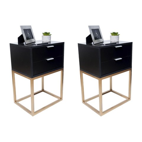 Kit 2 Mesas Cabeceira Industrial 40cm Preto 2 Gavetas Base Metal Dourado Lateral Cama