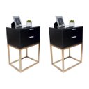 Ver imagem 1 de Kit 2 Mesas Cabeceira Industrial 40cm Preto 2 Gavetas Base Metal Dourado Lateral Cama