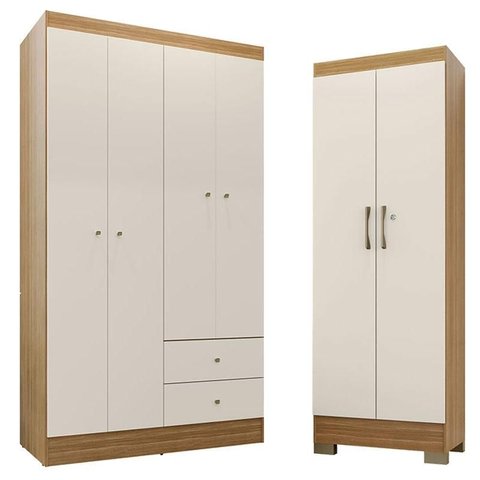 Guarda Roupa Solteiro Versa 4 Portas com Armário Multiuso Luna Freijó Off White Fosco - Kits Paraná