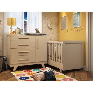 Conjunto para Quarto de Bebê com Cômoda 1 Porta 4 Gavetas e Berço Mini Cama Retrô 