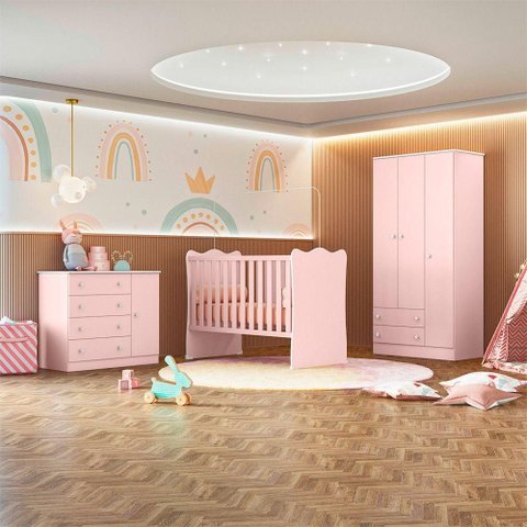 Quarto Infantil Doce Sonho Berço Cômoda Guarda Roupa MDP Colchão Incluso Rosa Qmovi