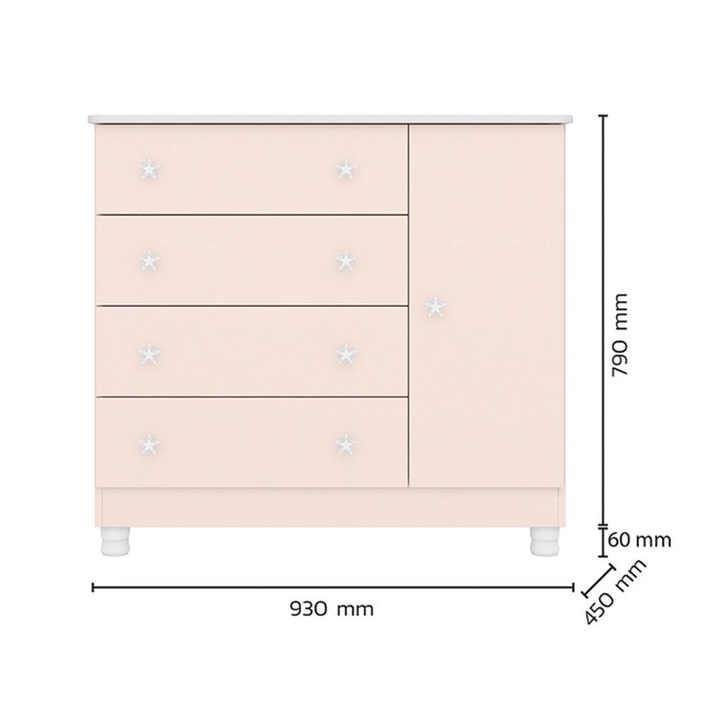 Jogo de Quarto Doce Sonho Guarda Roupa 2 Portas e Cômoda 1 Porta Rosa Acetinado com Pés - Qmovi - 5