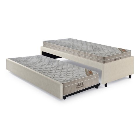 Bicama Box Solteiro Courino Linho Areia 88x188 com Dois Colchões Airtech Molas Ensacadas Ortobom