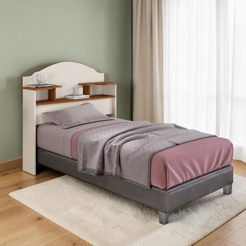 Cabeceira para Cama Box Solteiro 90cm Evelyn com Nichos e Prateleiras:Off White/Canela