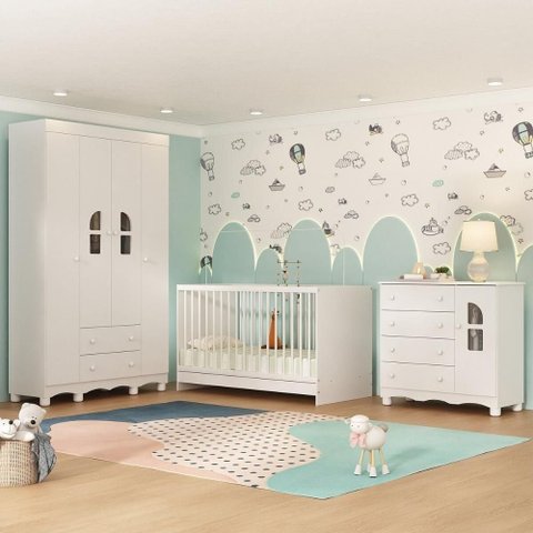 Conjunto de Quarto Aurora 5 Portas 6 Gavetas MDP-MDF 122cm Branco