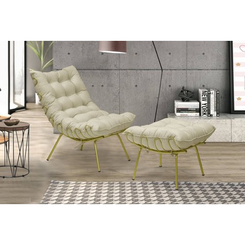 Poltrona Decorativa Costela com Puff Adão Dourado - Bege