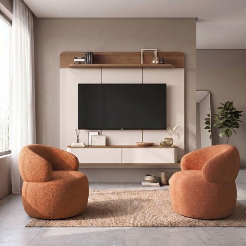 Conjunto Sala Painel TV 70 Concept com Poltronas Eloah Boucle Terracota Conffort Casa