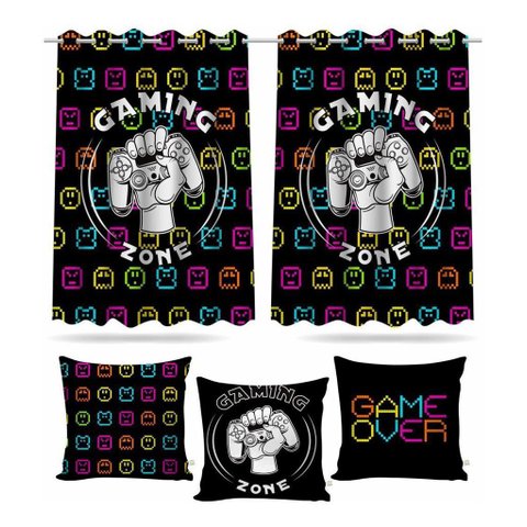 Kit Cortina Infantil Jogos Gamer + 3 Capa De Almofada