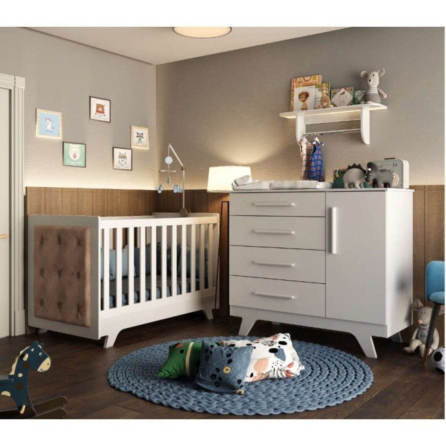 Bebe Ratero Quarto de Bebê com Cômoda de Bebê Berço com Capitonê e Prateleira Retrô ...