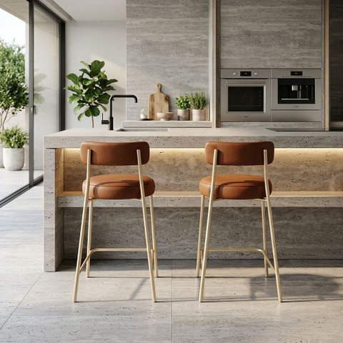Banqueta Cozinha Média com Encosto Industrial Champanhe Kit 2 Londres PU Nozes D03 - D'Rossi