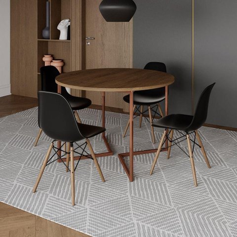 Mesa Jantar Industrial Redonda 110Cm Amêndoa Base V Cobre C/4 Cadeiras Preta Base Madeira Amendoa
