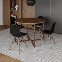 Ver imagem 1 de Mesa Jantar Industrial Redonda 110Cm Amêndoa Base V Cobre C/4 Cadeiras Preta Base Madeira Amendoa