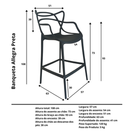 Banqueta Allegra Top Chairs Preta - Kit com 3 - 4