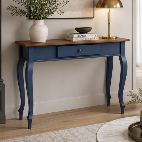 Aparador para Sala com Pés Luiz Xv e 1 Gaveta - Azul Bic com Tampo Imbuia Glazer