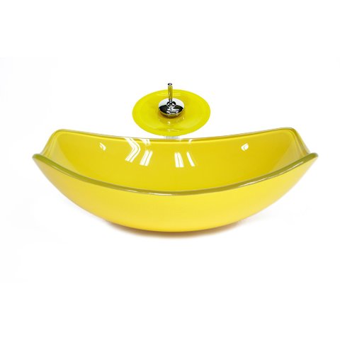 CUBA DE VIDRO OVAL CHANFRADA 51CM AMARELA + VALVULA + TORNEIRA CASCATA