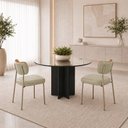 Ver imagem 1 de Kit 2 Cadeiras Sala de Jantar Lisa Pés Champanhe Linho/PU Bege/Caramelo m² - Monari Design